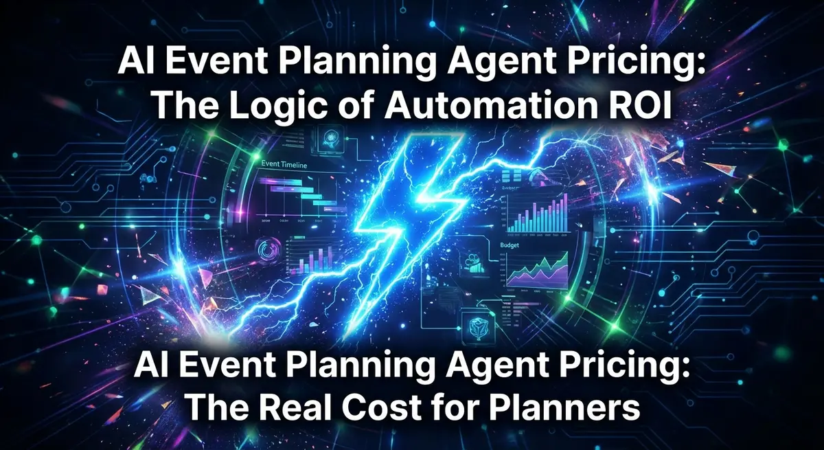 AI Event Planning Agent Pricing lightning bolt graphic with digital landscape