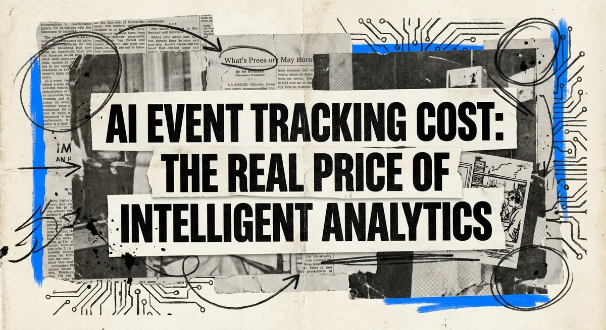 AI event tracking cost analysis collage with torn paper and electric blue accents