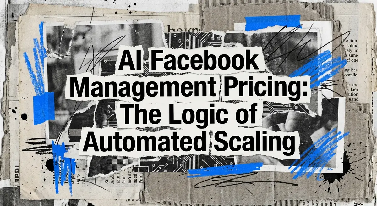 AI Facebook Management Pricing collage with torn paper and electric blue accents