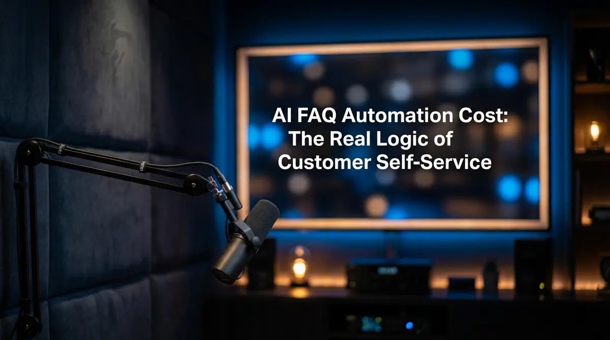 AI FAQ automation cost discussion in a modern podcast studio setting with blue accents