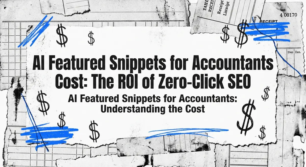 AI featured snippets for accountants cost concept art with torn ledger paper and electric blue accents