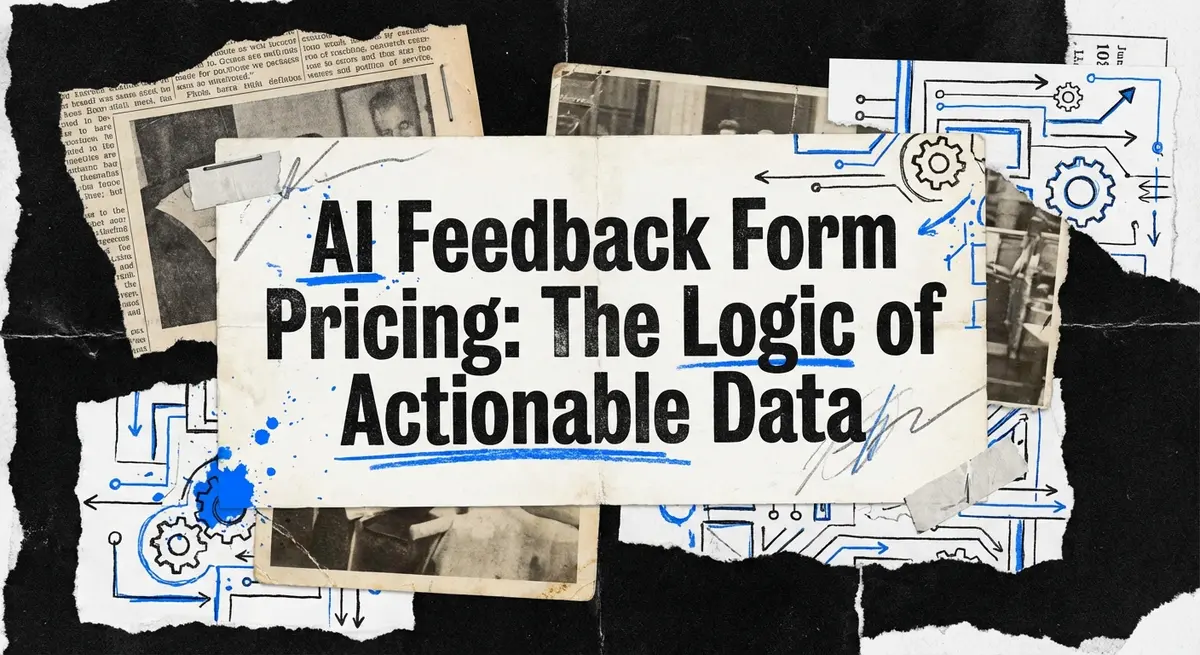 AI feedback form pricing torn paper collage art with #0066FF accents