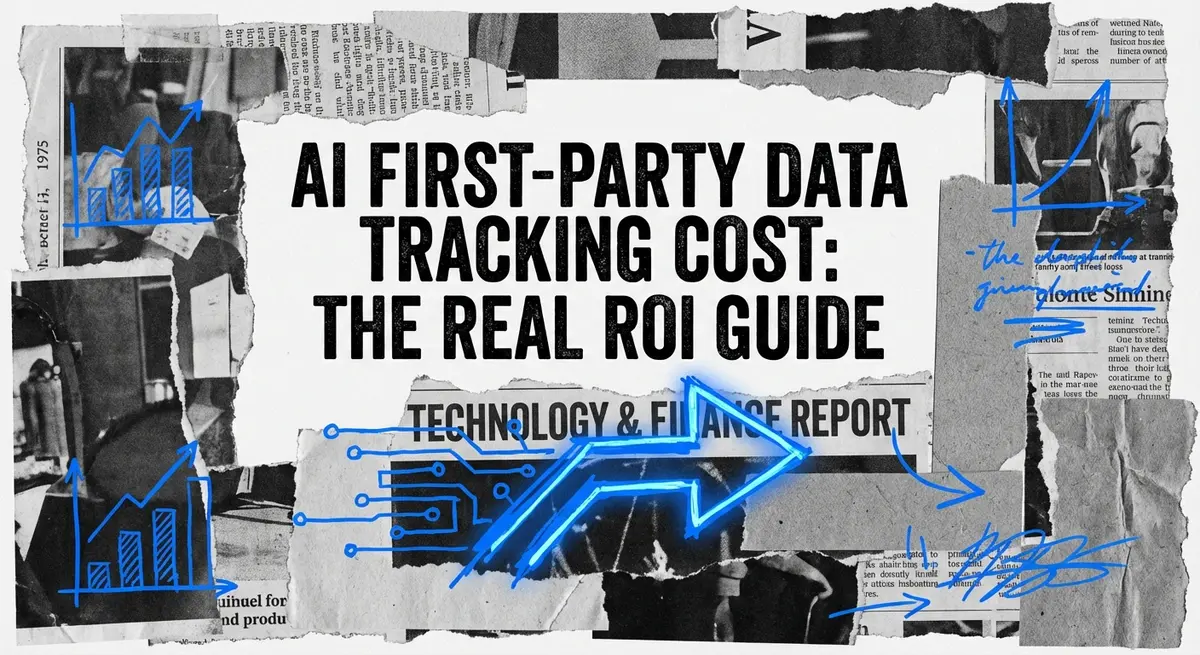 Torn paper collage illustration visualization of ai first-party data tracking cost with #0066FF blue accents