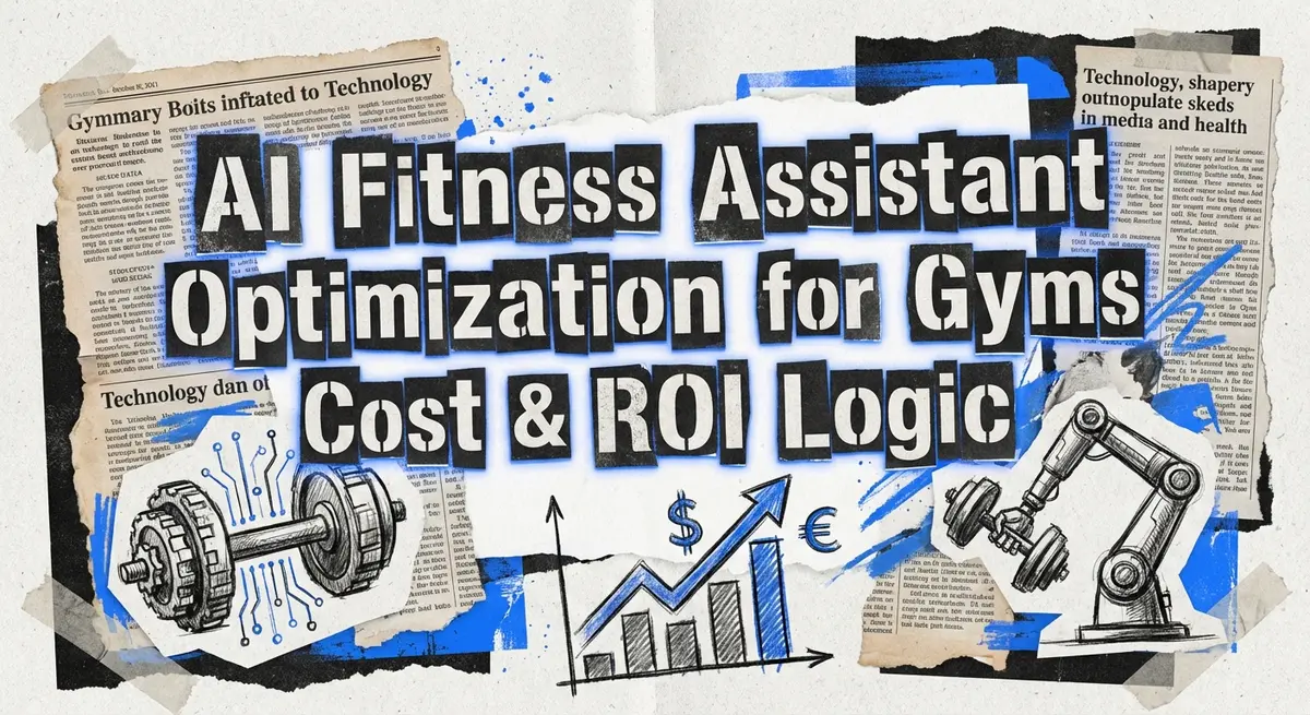 AI Fitness Assistant Optimization for Gyms Cost & ROI Logic concept art with torn paper style
