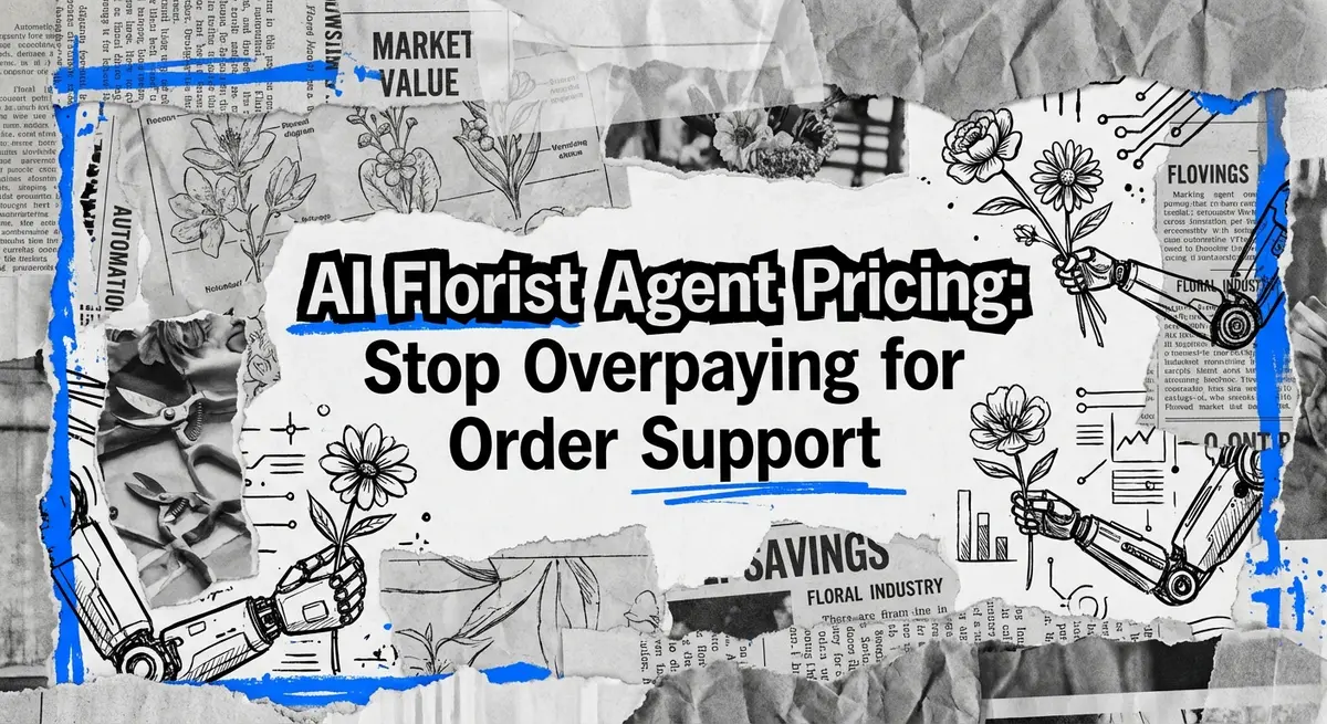 AI Florist Agent Pricing collage with torn paper and electric blue accents showing cost comparison