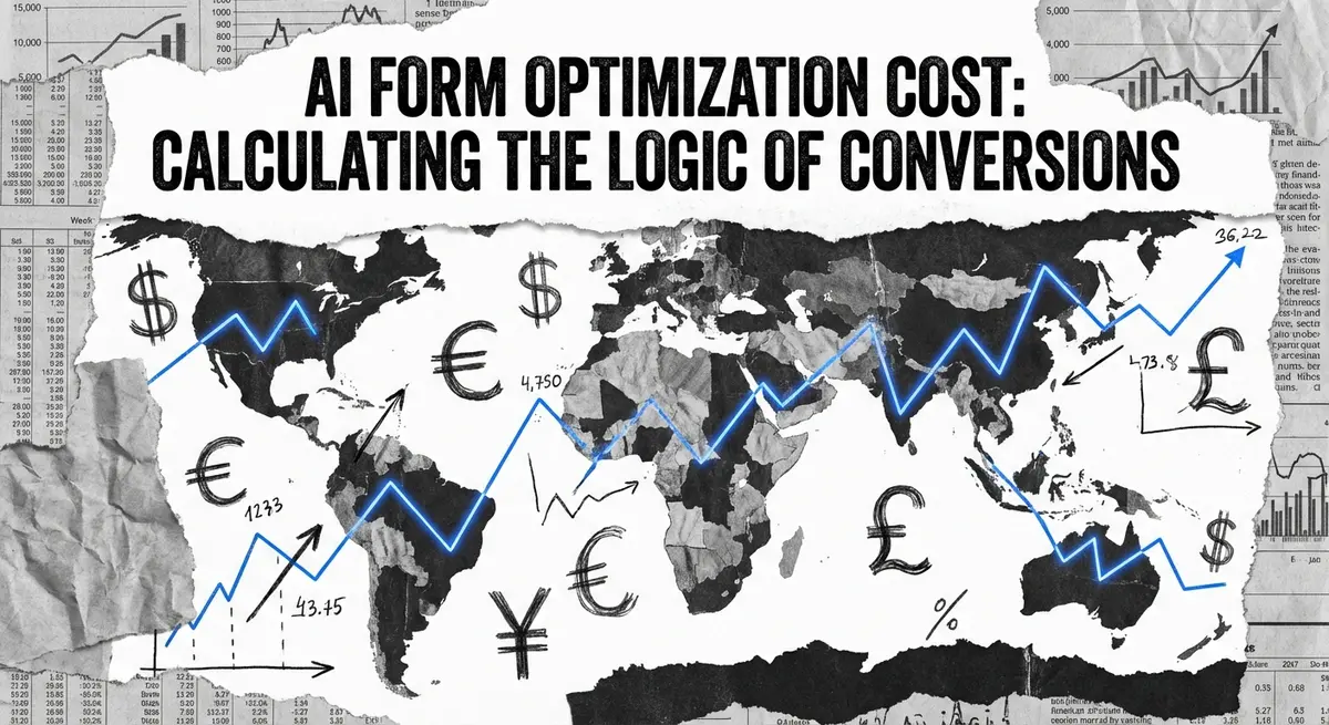 AI form optimization cost analysis collage with torn paper and financial charts