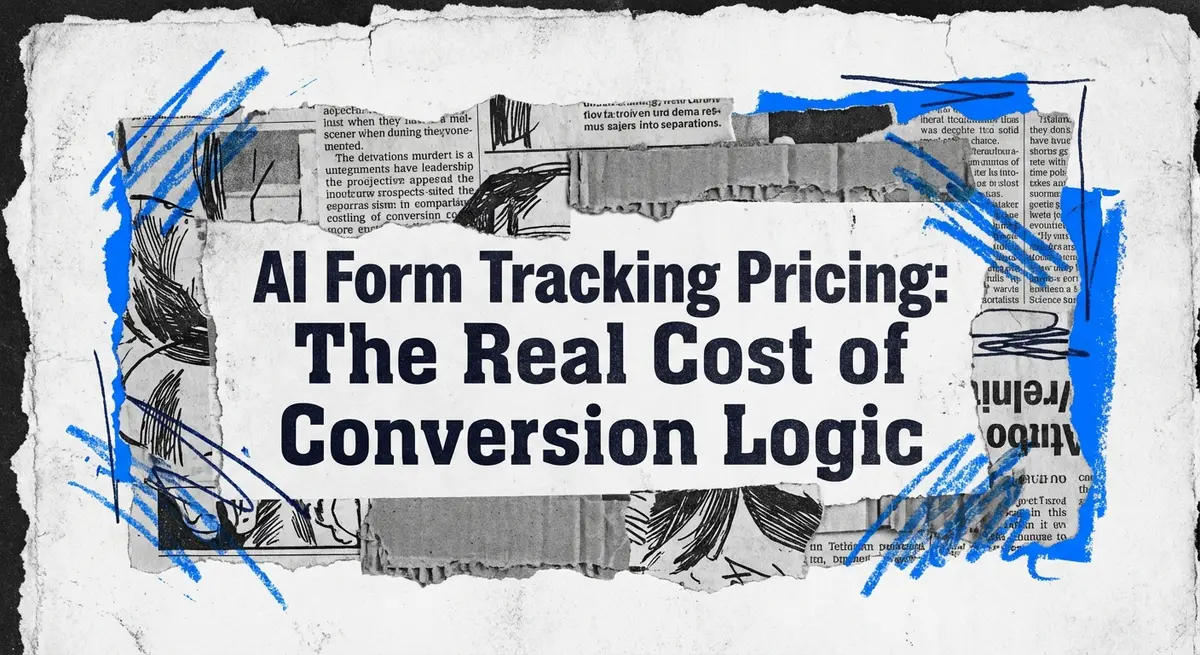 AI form tracking pricing collage with electric blue accents and torn paper style