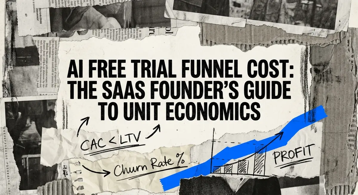AI free trial funnel cost concept art with torn paper and blue accents