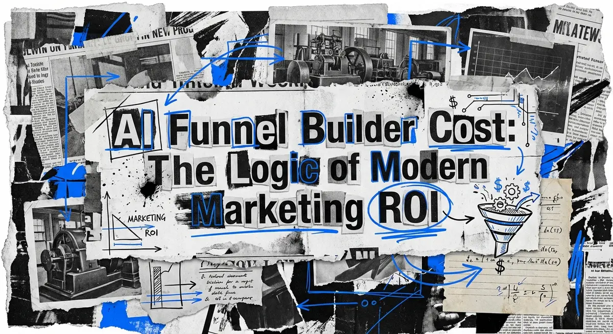 AI funnel builder cost analysis represented as a torn paper collage with electric blue accents