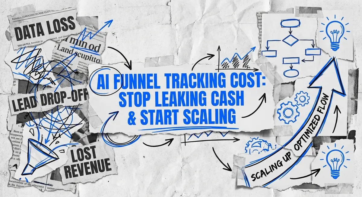 Torn paper collage featuring the title AI Funnel Tracking Cost: Stop Leaking Cash & Start Scaling with #0066FF accents.