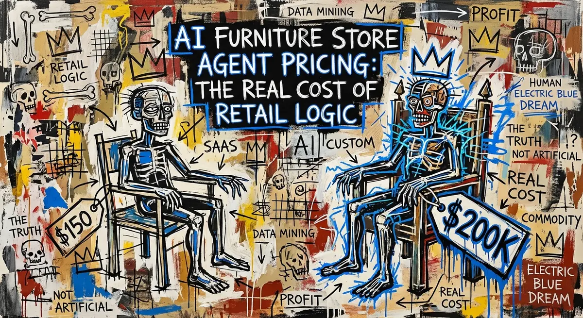Basquiat style art showing ai furniture store agent pricing concepts and retail logic