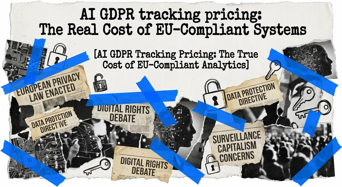 AI GDPR tracking pricing collage with torn paper and electric blue accents