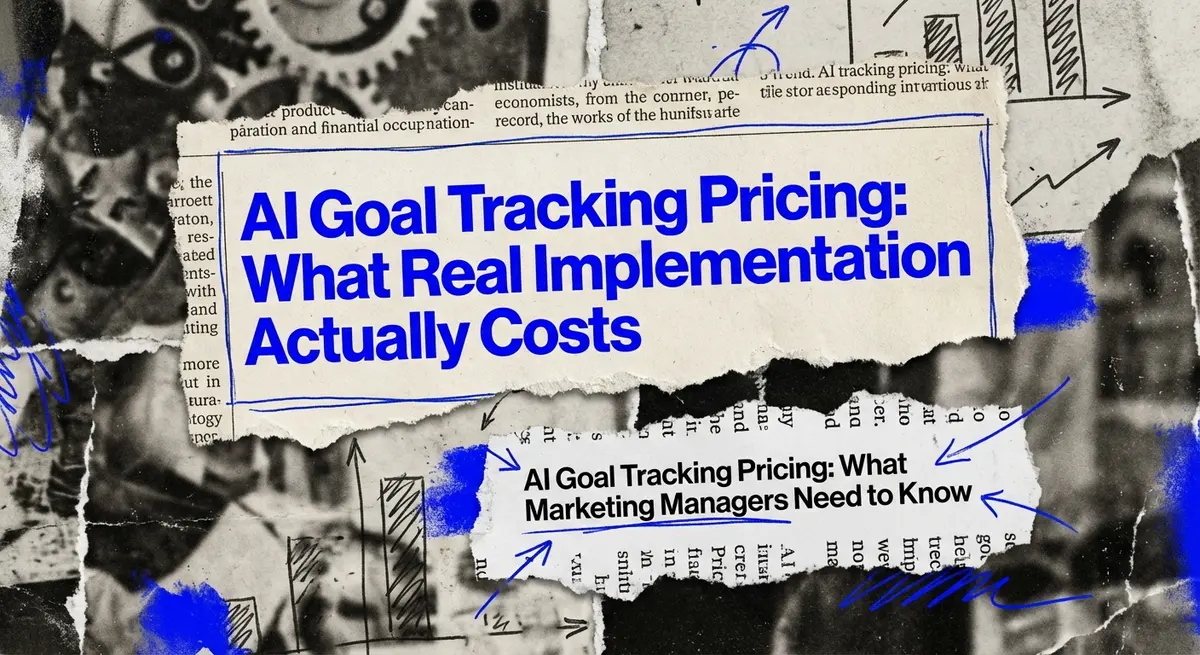 AI goal tracking pricing collage with torn paper and electric blue accents