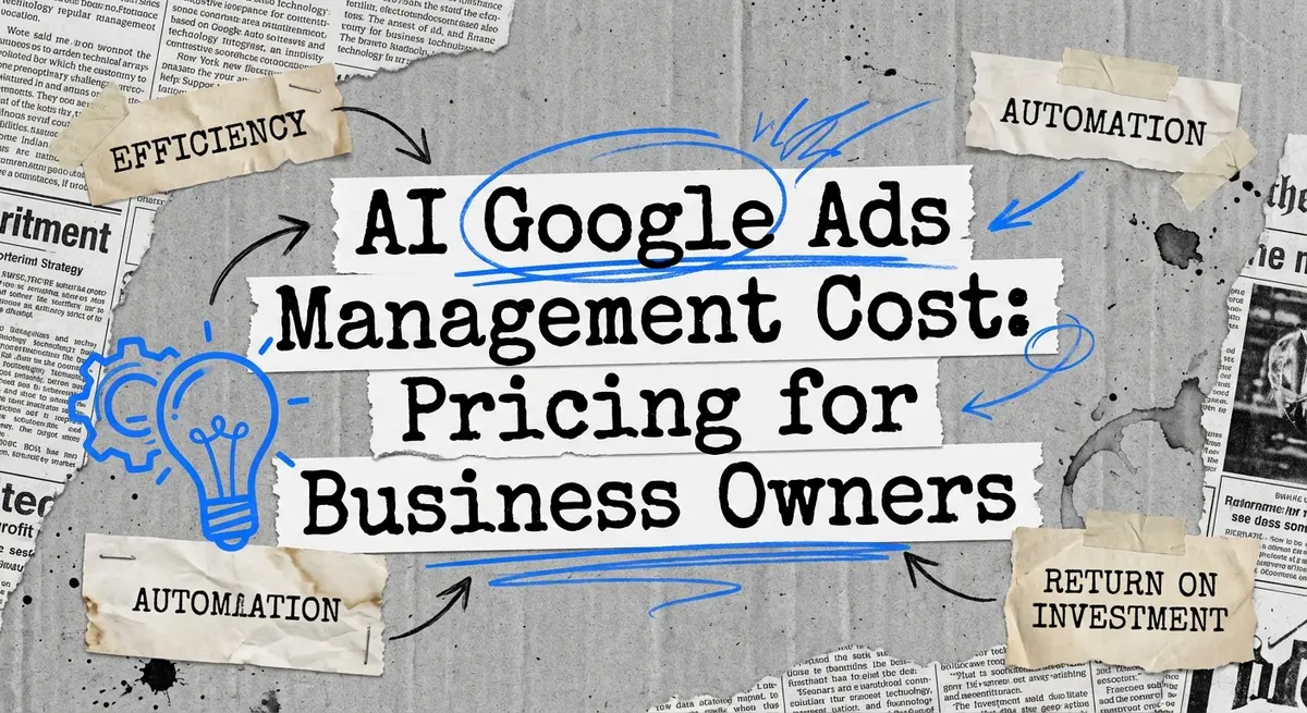AI Google Ads Management Cost collage with torn paper and blue accents