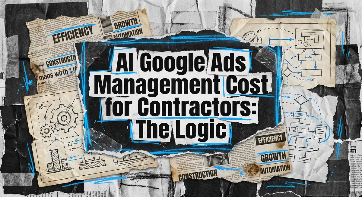 AI Google Ads management cost for contractors blueprint collage with torn paper effect