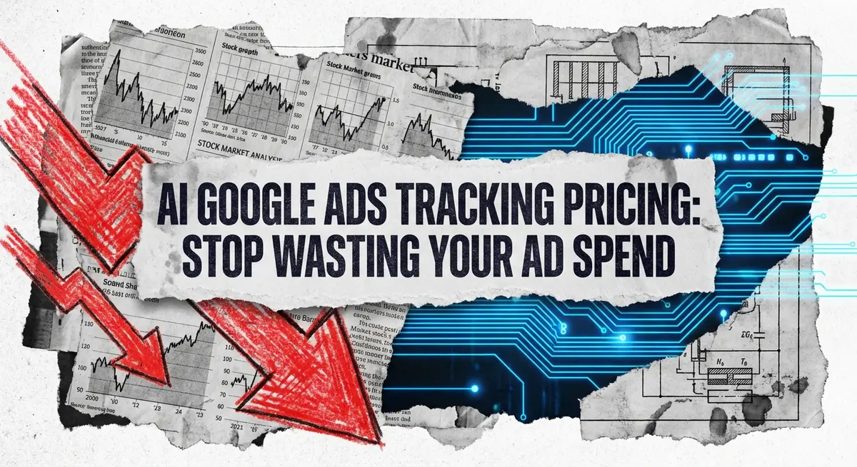 AI Google Ads Tracking Pricing collage showing torn paper and digital optimization
