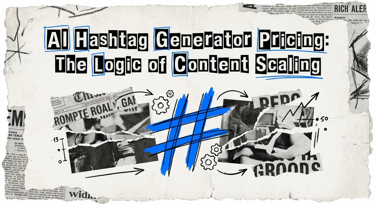 AI hashtag generator pricing guide torn paper collage with electric blue accents
