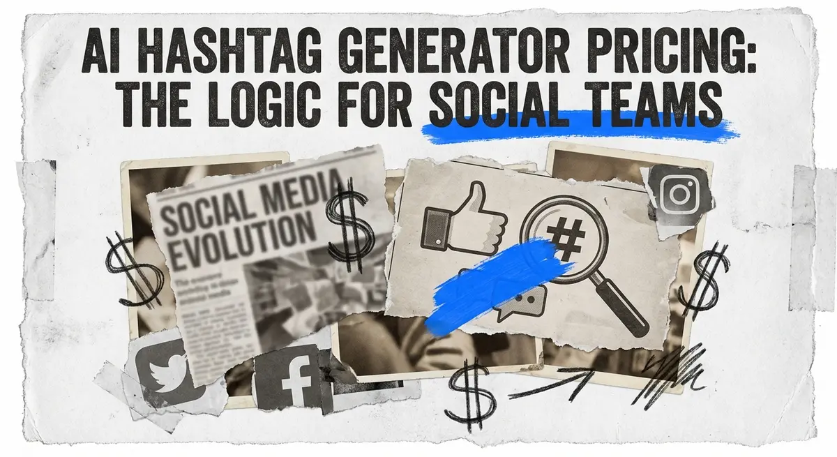 AI hashtag generator pricing collage with torn paper and blue accents