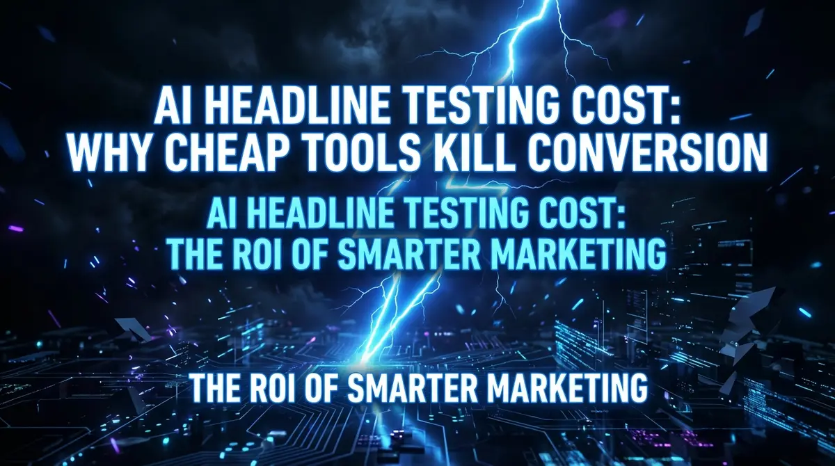 AI headline testing cost digital lightning illustration with ROI analytics background
