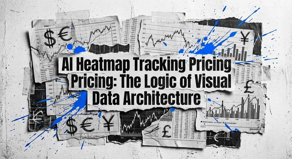 AI heatmap tracking pricing guide featuring torn paper collage with #0066FF blue accents