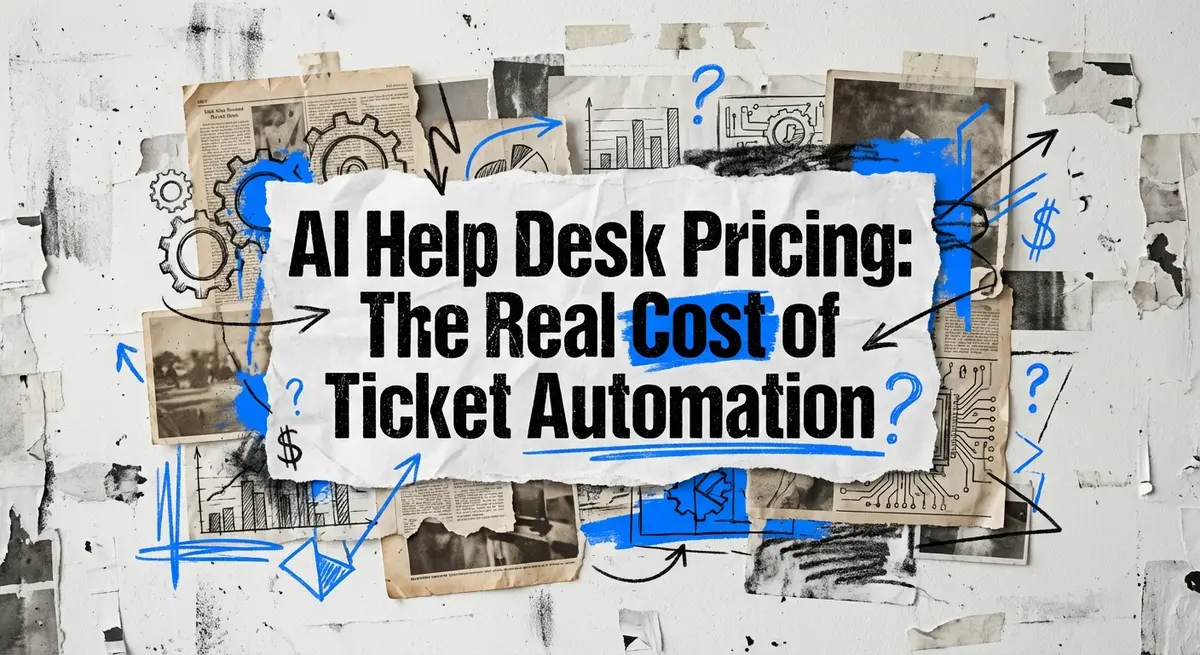 AI help desk pricing torn paper collage art with pricing tiers and robot elements