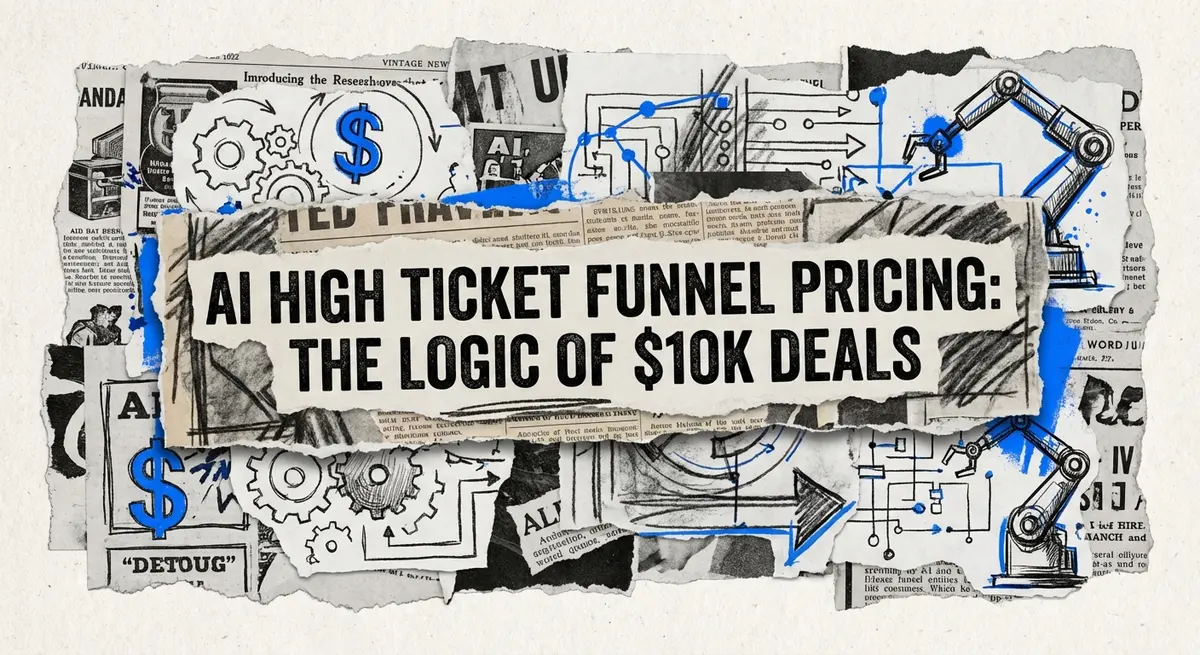 AI High Ticket Funnel Pricing collage with torn paper and electric blue accents