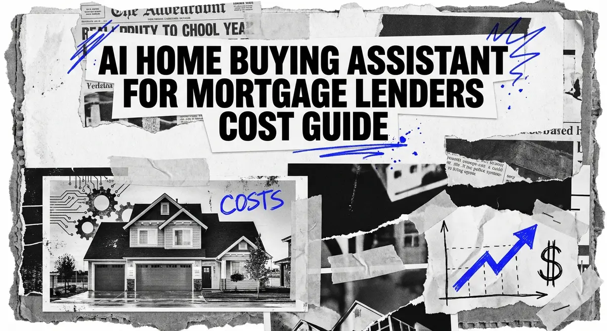 AI Home Buying Assistant for Mortgage Lenders Cost Guide torn paper collage with electric blue accents