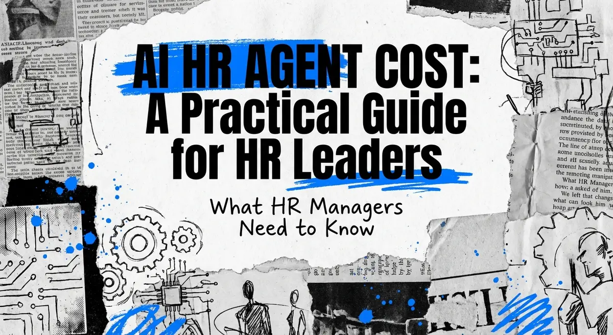 AI HR Agent Cost collage with torn paper and electric blue accents