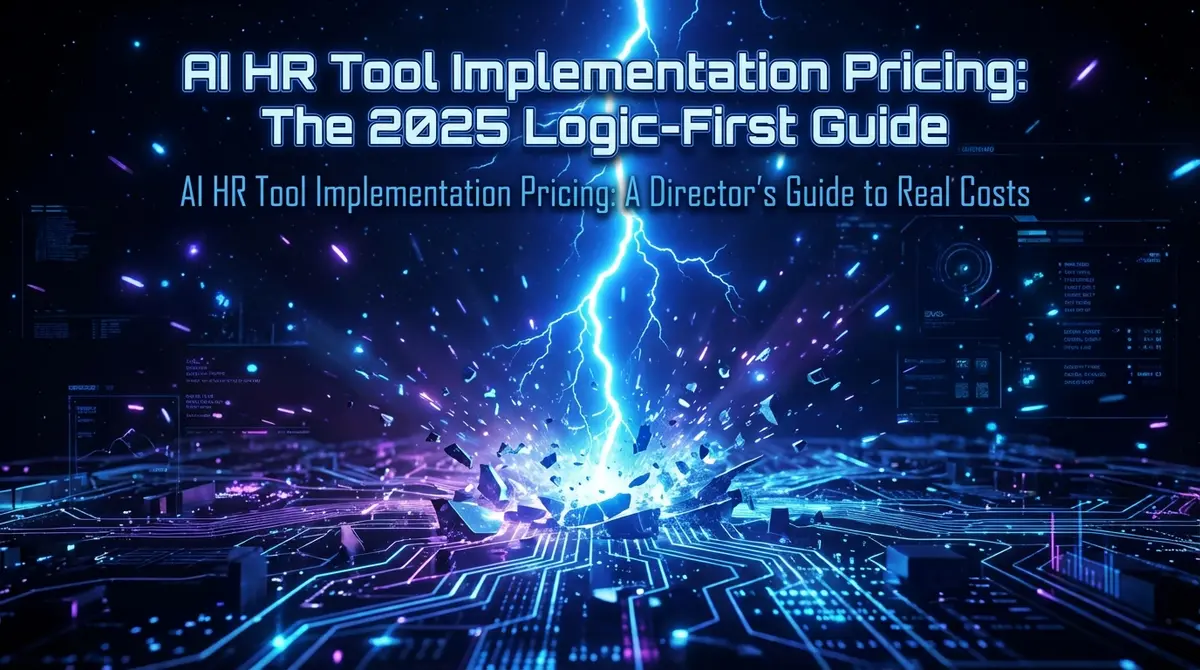 AI HR Tool Implementation Pricing collage with torn paper and electric blue accents