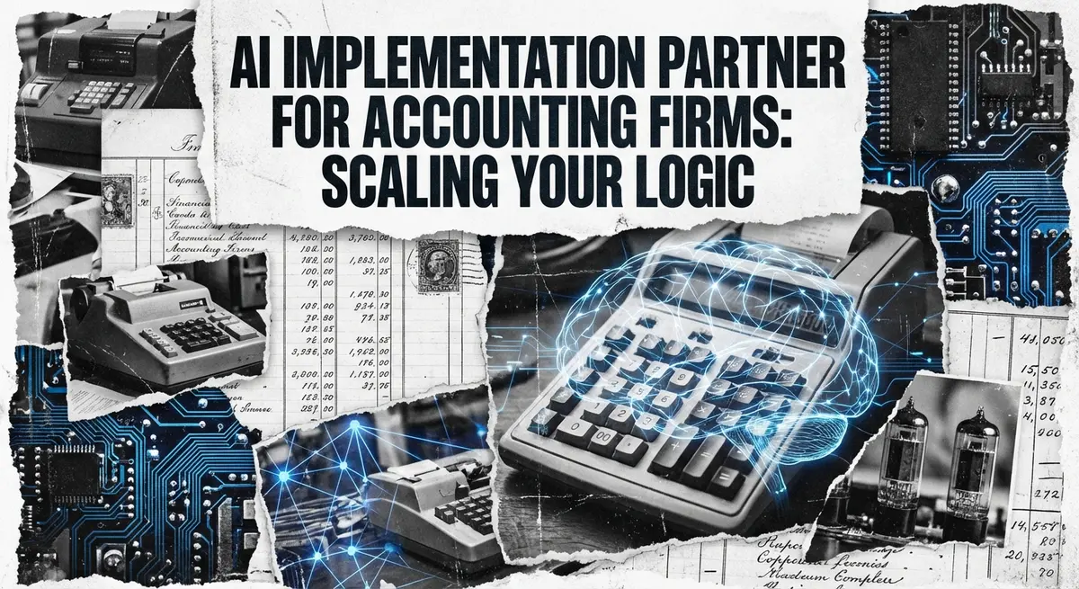 AI Implementation Partner for Accounting Firms collage with financial ledger and digital circuit board elements