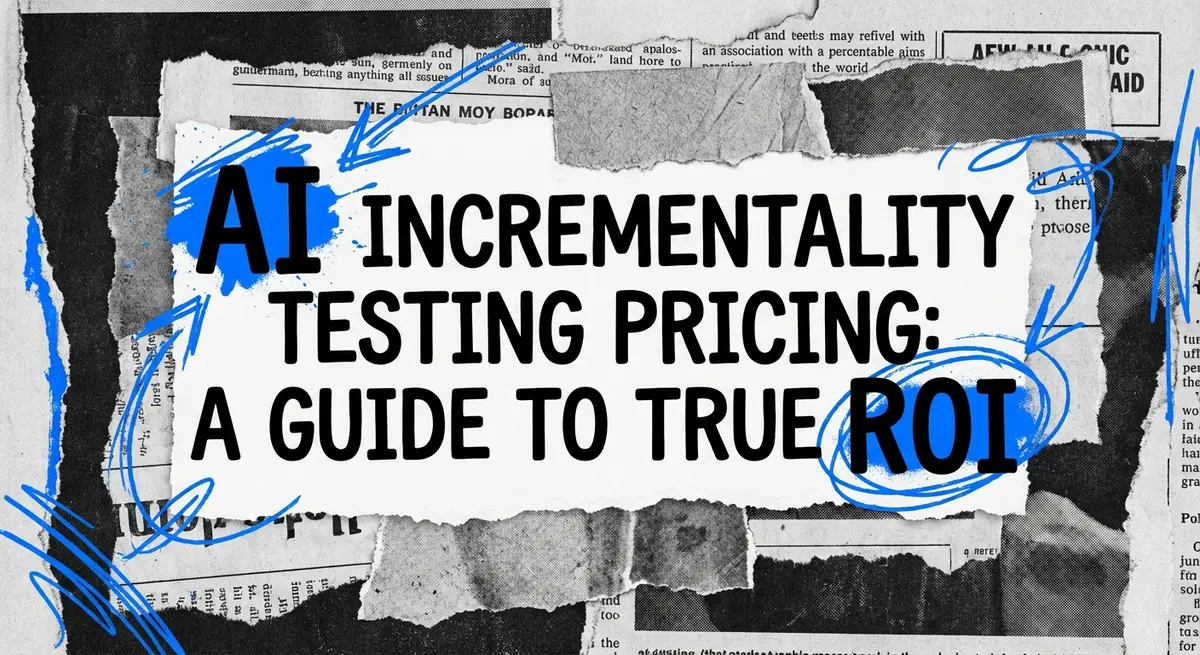AI Incrementality Testing Pricing collage with torn paper and electric blue accents