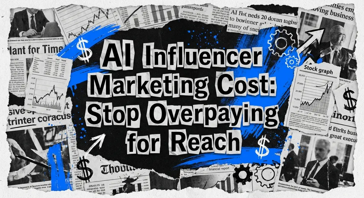 AI Influencer Marketing Cost collage with financial data and torn paper style
