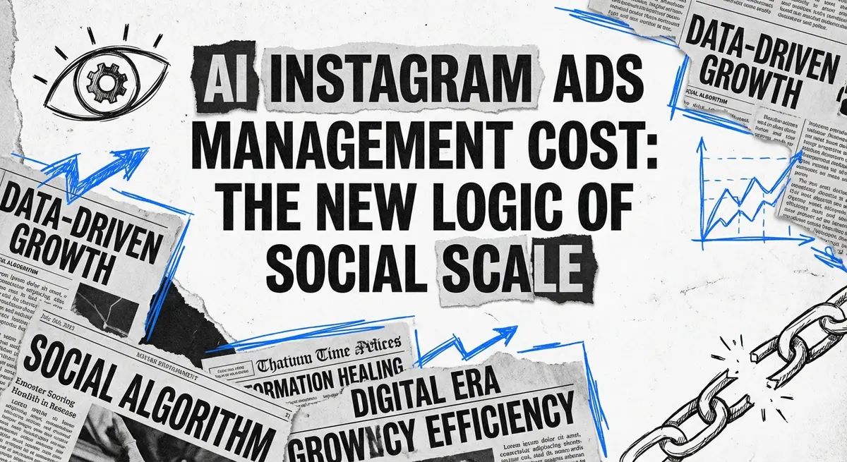 AI Instagram Ads Management Cost collage with torn paper and electric blue accents