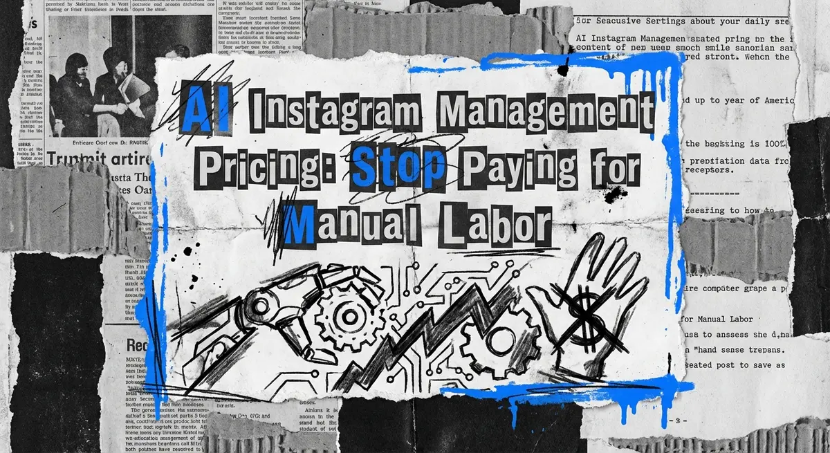 AI Instagram management pricing collage with torn paper effect and electric blue accents