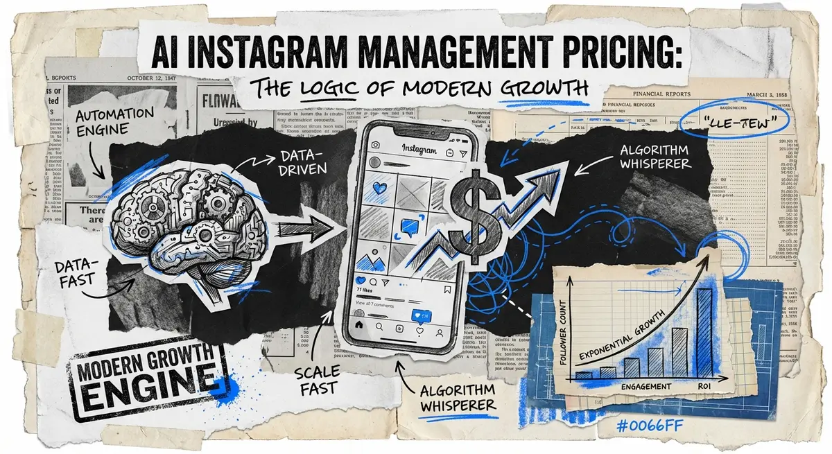 AI Instagram management pricing collage with torn paper and electric blue accents