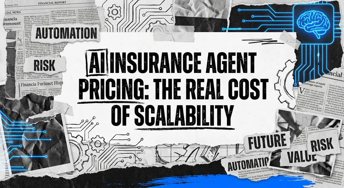 AI insurance agent pricing collage showing torn paper calculations and business documents