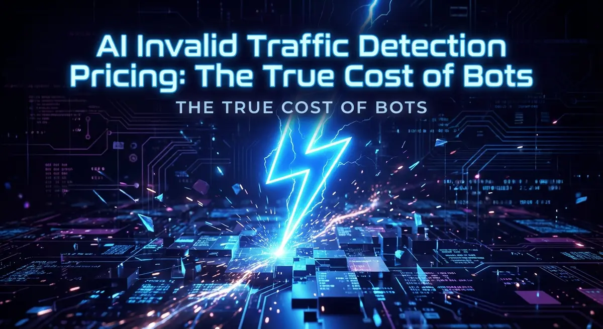 AI Invalid Traffic Detection Pricing features an electric blue lightning bolt striking through a digital landscape