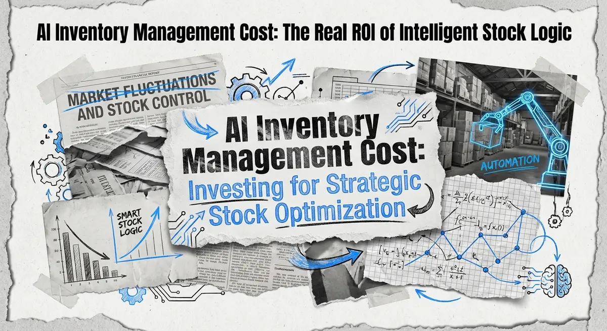 AI inventory management cost collage with torn paper and electric blue accents