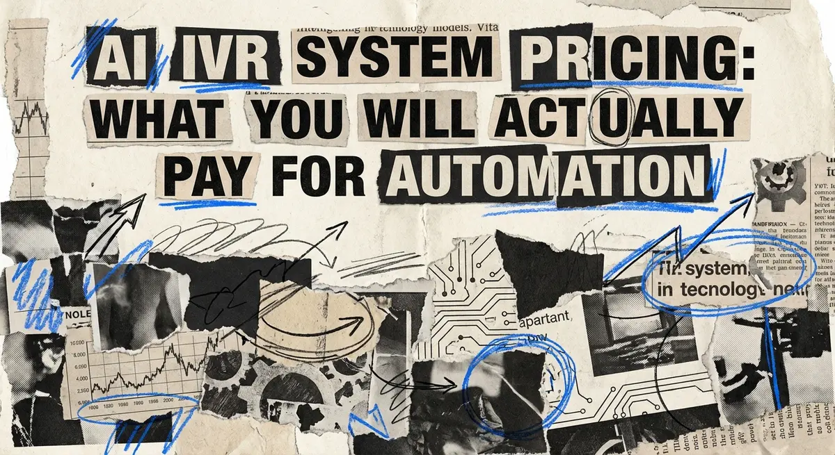 AI IVR system pricing collage with torn paper and electric blue accents