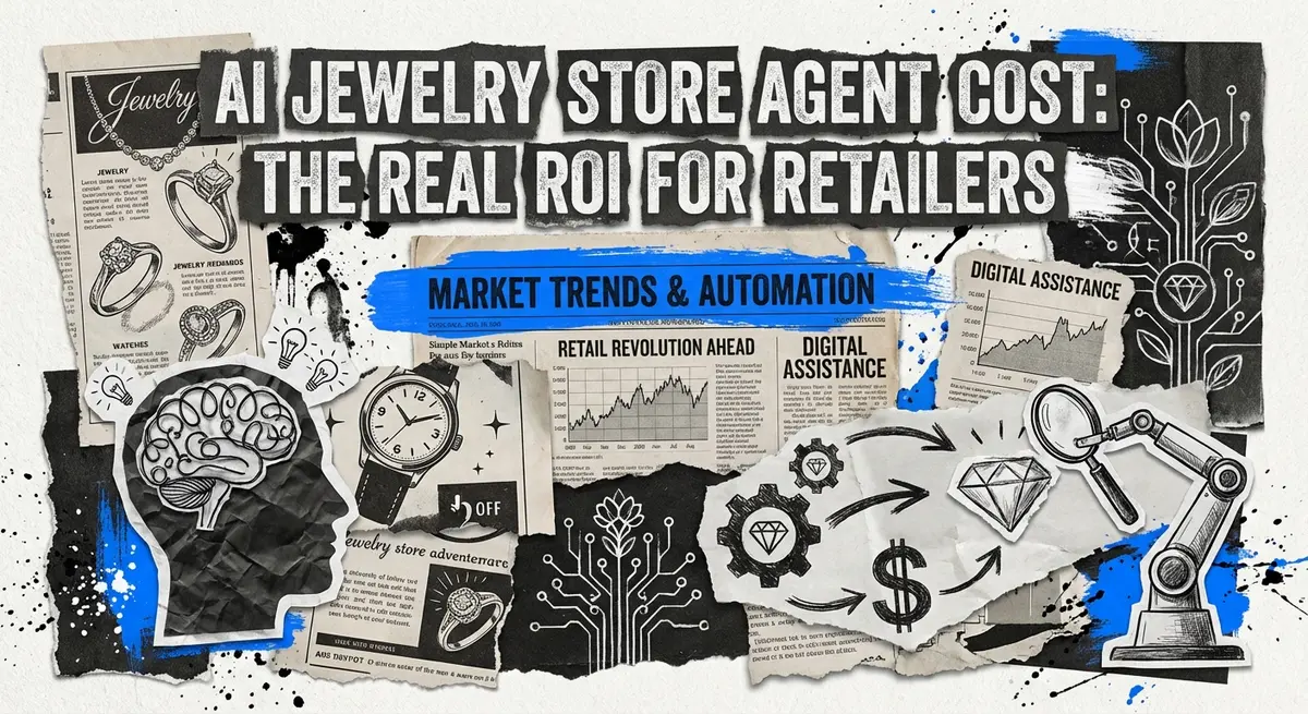 Artistic collage featuring the text AI Jewelry Store Agent Cost: The Real ROI for Retailers with torn paper effects