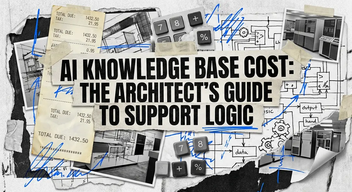AI knowledge base cost analysis collage with torn paper and electric blue accents