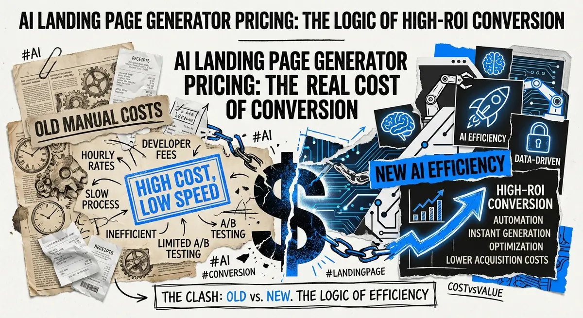 Torn paper collage featuring the text AI landing page generator pricing with electric blue accents