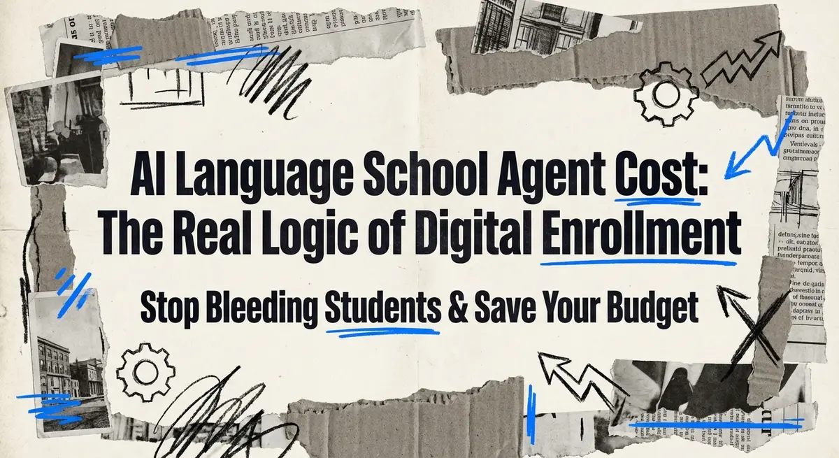 AI language school agent cost collage with torn paper and digital elements