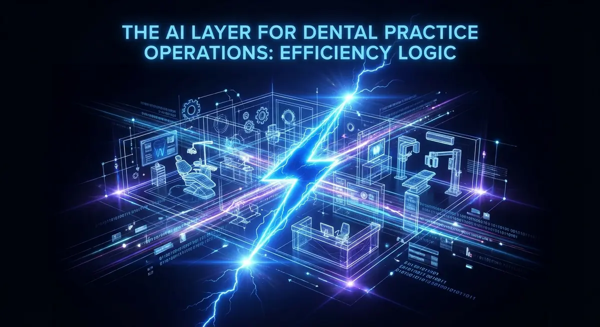AI layer for dental practice operations visualized as a digital lightning bolt connecting dental equipment and data streams