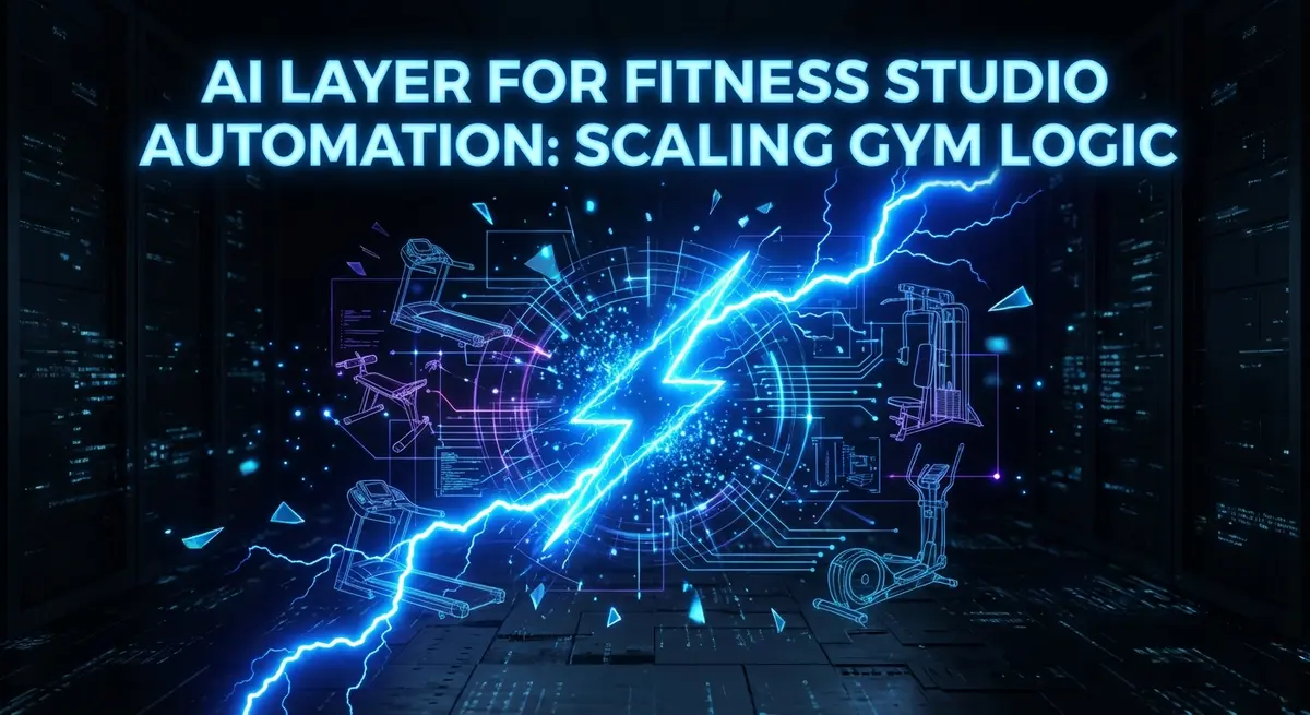 AI layer for fitness studio automation concept with electric blue lightning and digital gym schematics