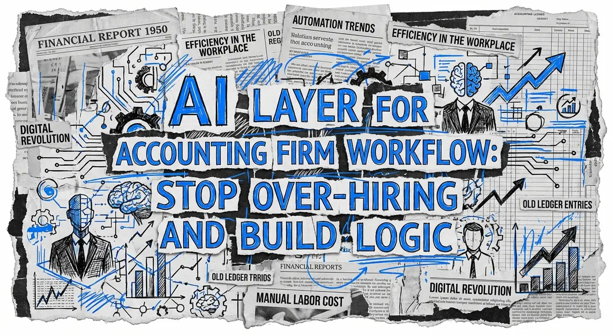 AI layer for accounting firm workflow collage style with torn paper and electric blue accents
