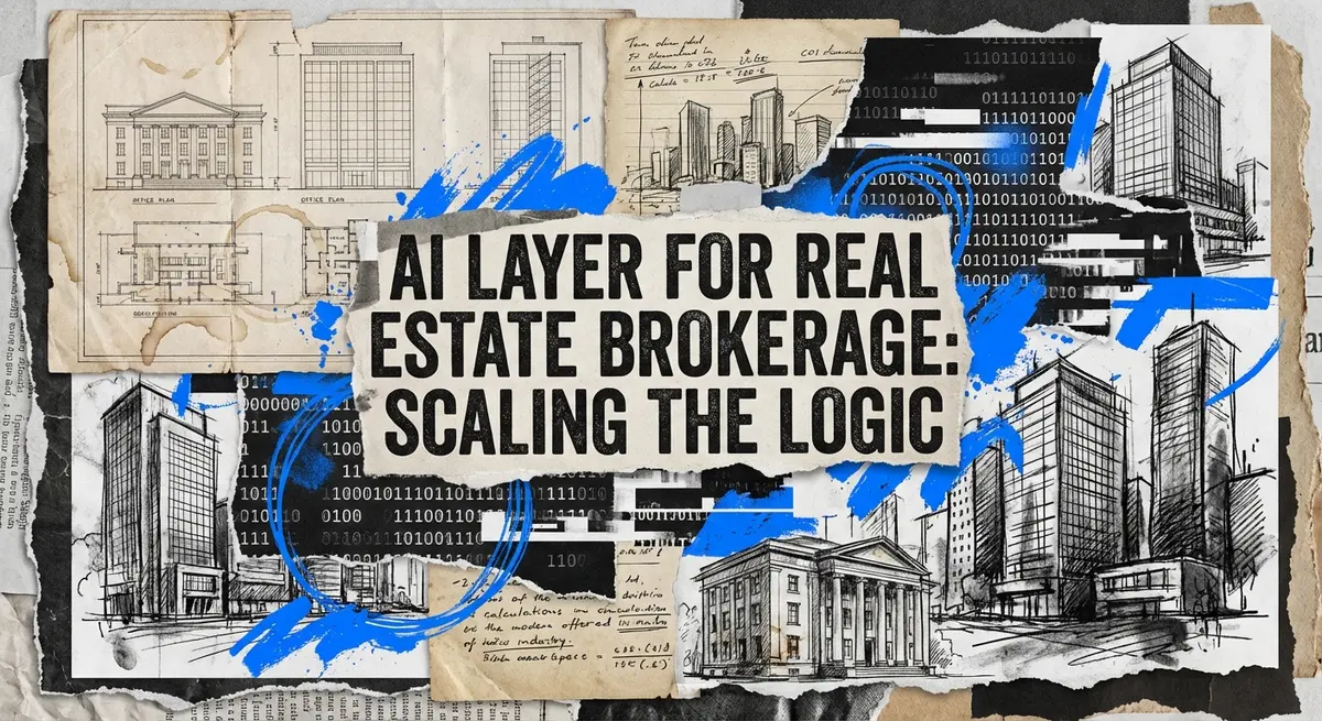 AI layer for real estate brokerage concept art with torn paper and blueprints