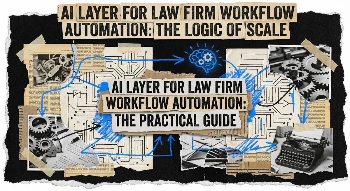 AI layer for law firm workflow automation featured image with torn paper collage style
