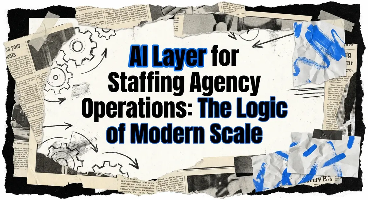 Torn paper collage featuring the text AI Layer for Staffing Agency Operations with electric blue accents