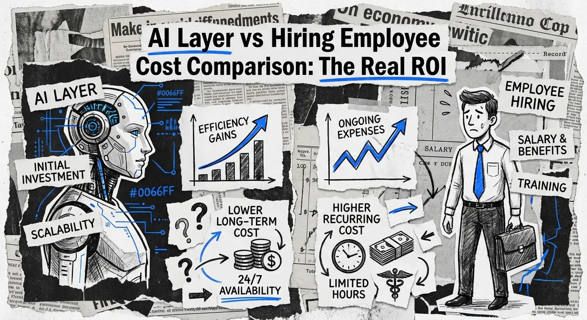 AI layer vs hiring employee cost comparison collage showing torn paper aesthetics and financial charts